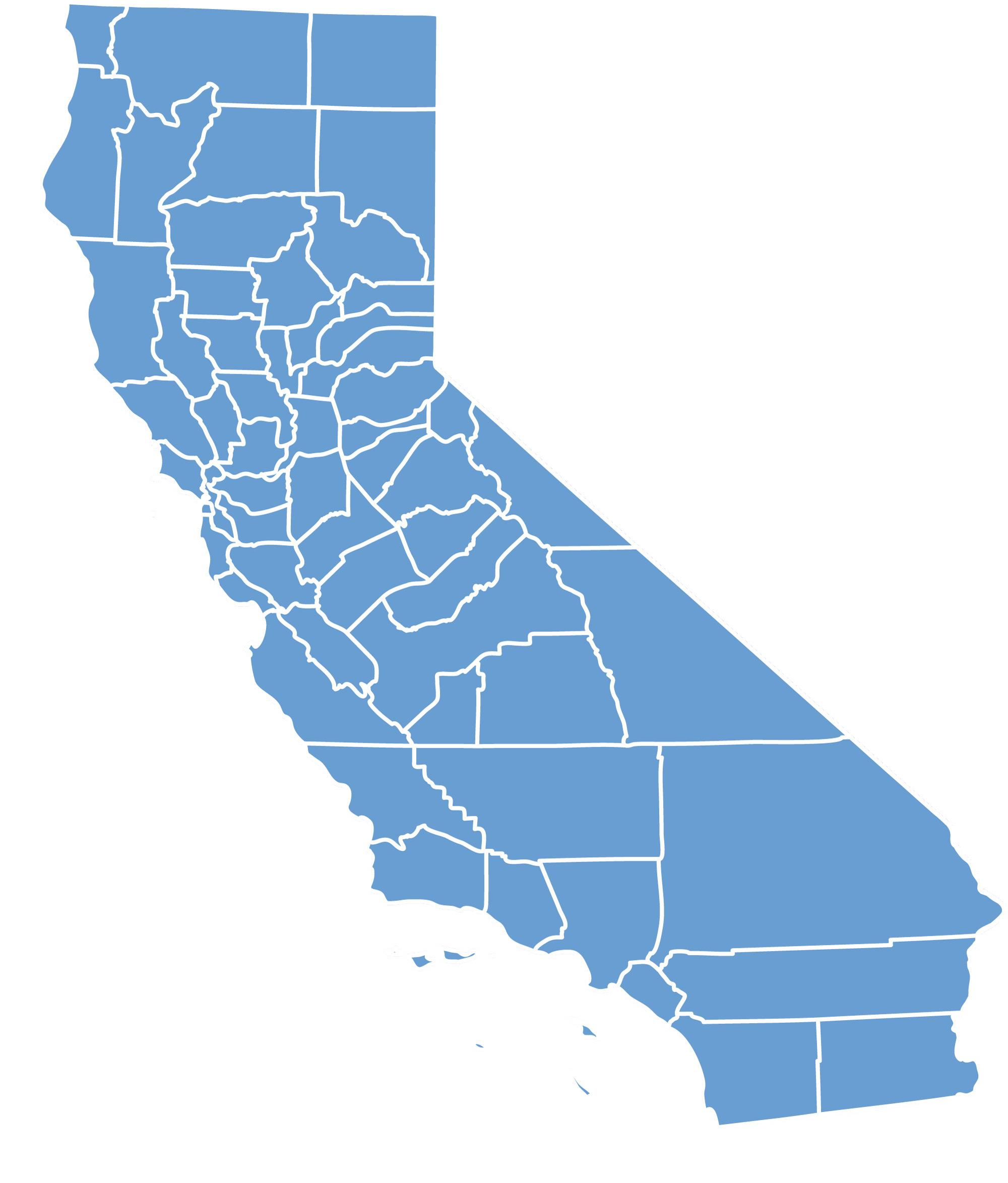 a blue map of california with the county lines drawn